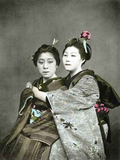 Two Geisha Girls, c.1880 (hand coloured albumen photo) by Japanese Photographer